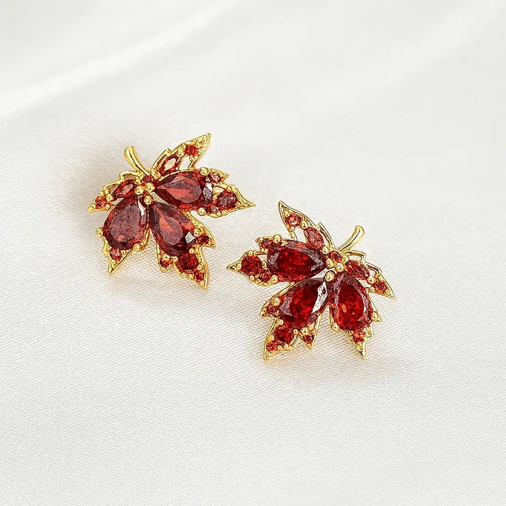 Alvora Autumira Crimson Leaf Earrings – 18K Gold Fall Elegance Jewelry