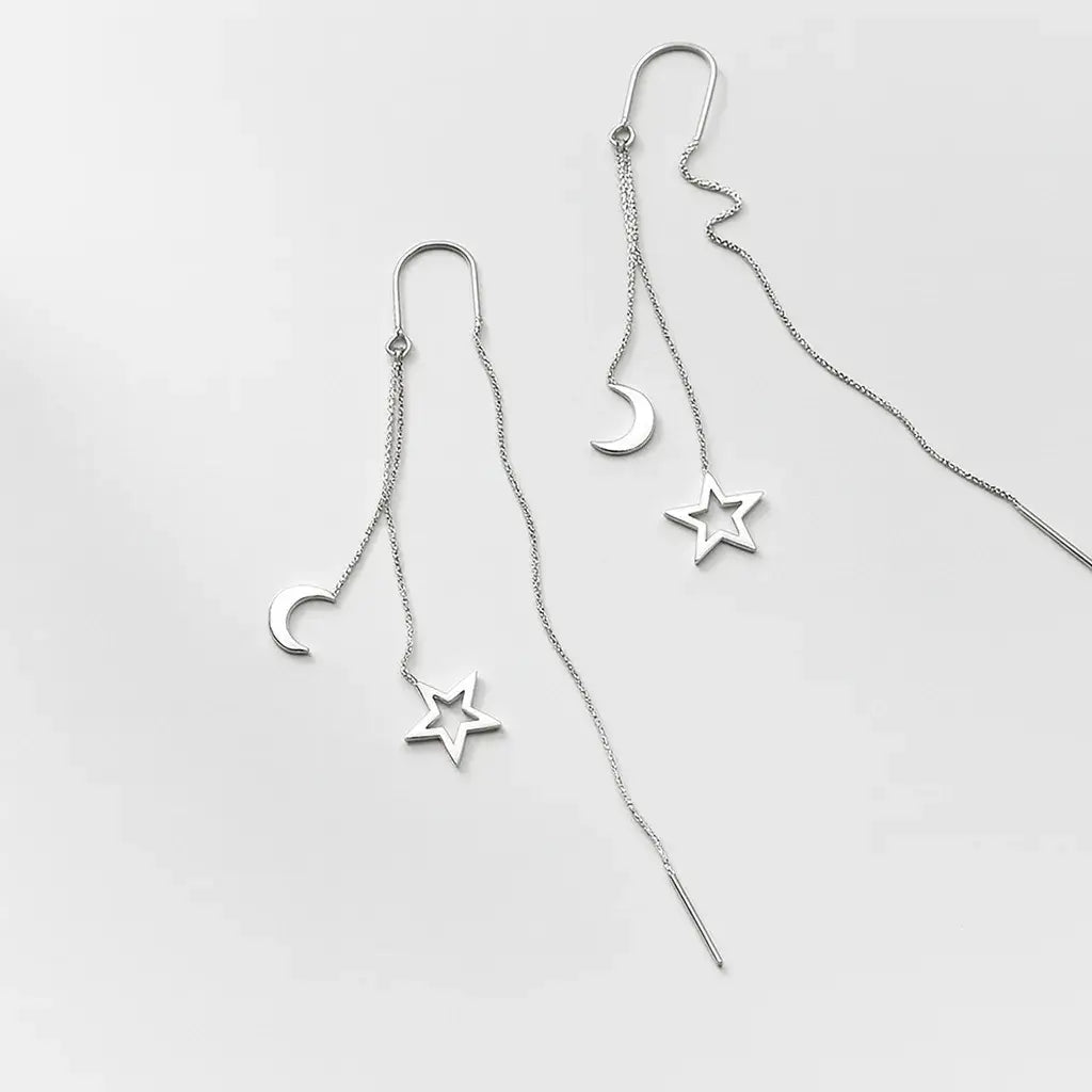 Alvora Elyune Earrings – Minimal Silver Moon & Star Threader Drop Jewelry