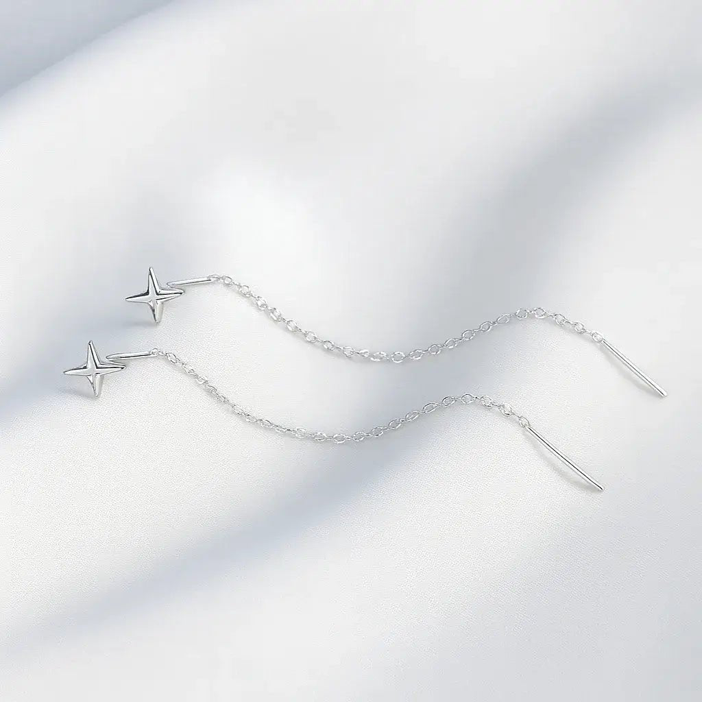 Alvora Lyrix Silver Star Threader Drop Earrings | Minimal Celestial Shine