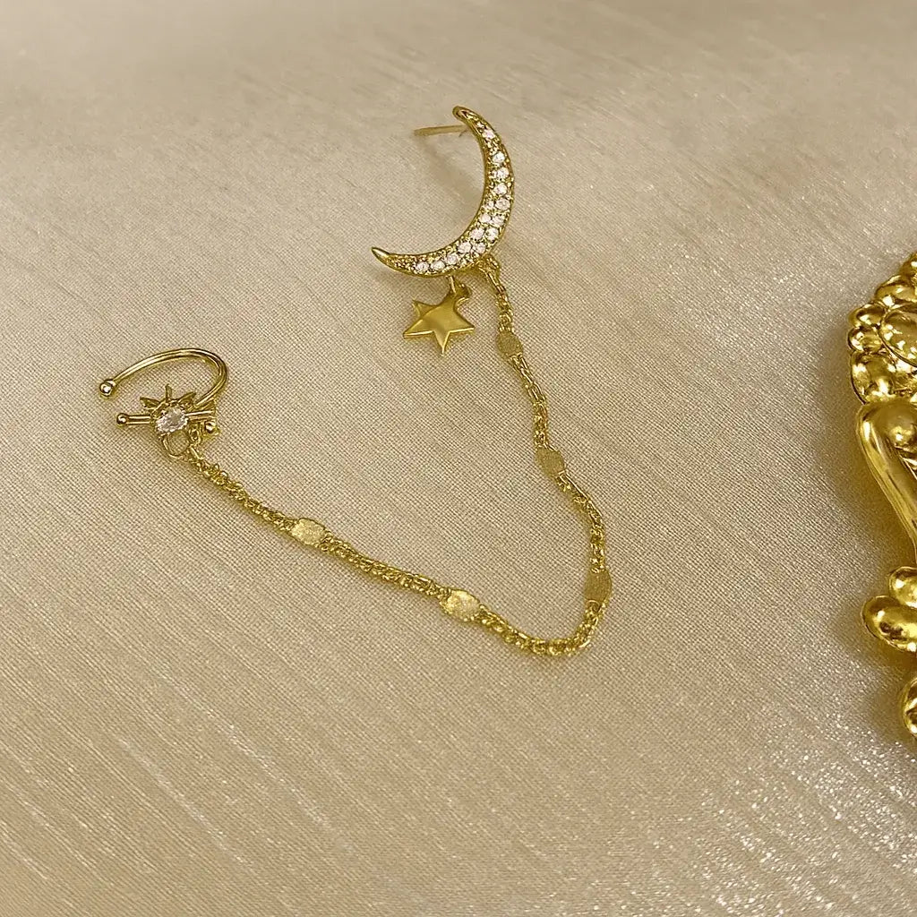 Alvora Noctelle Chain Cuff – Crescent & Star Gold Earring jewelry