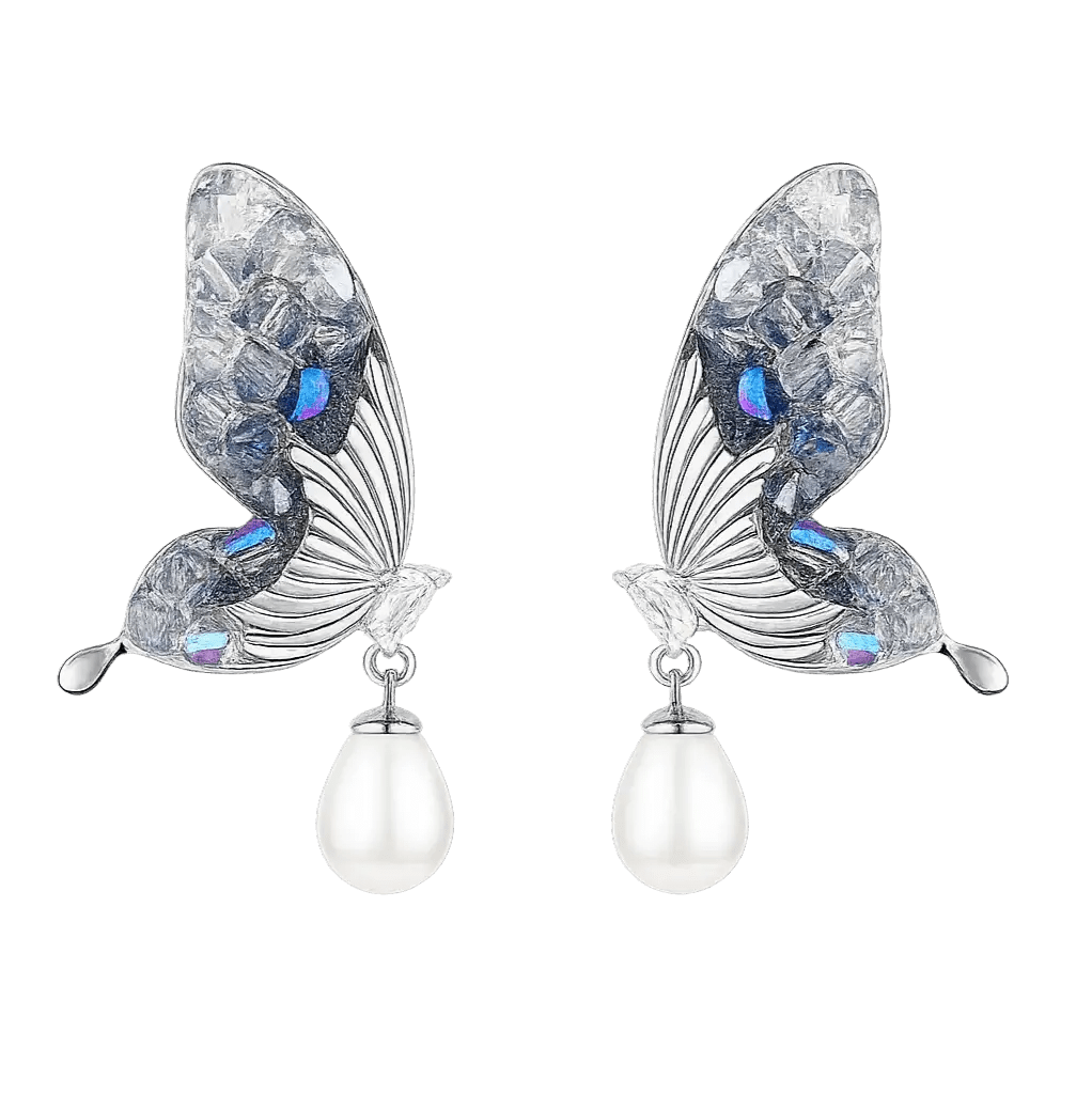 Alvora Lunafae Butterfly Pearl Earrings – Silver Elegance Vintage Jewelry