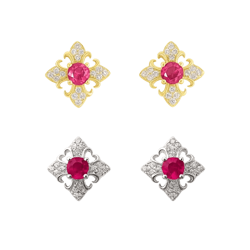 Alvora Rubellia Vintage Ruby Stud Earrings – Royal Gold & Silver Elegance
