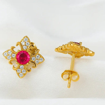 Alvora Rubellia Vintage Ruby Stud Earrings – Royal Gold & Silver Elegance