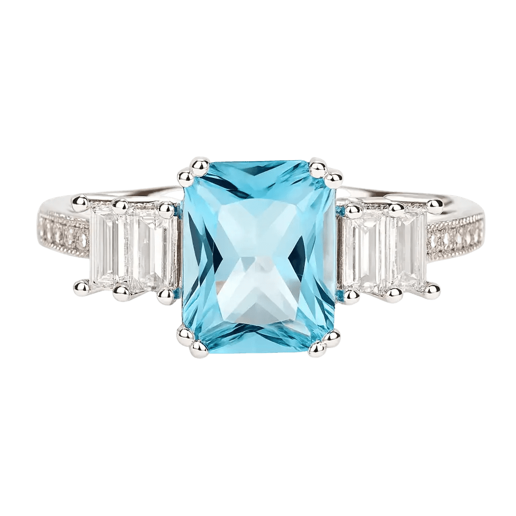 Alvora Caelesta Blue Zircon Ring | Emerald-Cut Silver Jewelry