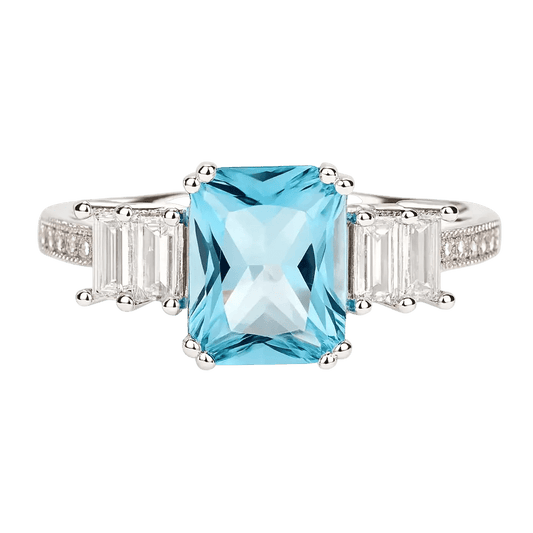 Alvora Caelesta Blue Zircon Ring | Emerald-Cut Silver Jewelry