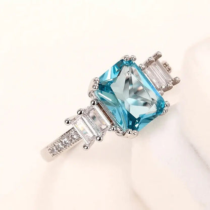 Alvora Caelesta Blue Zircon Ring | Emerald-Cut Silver Jewelry