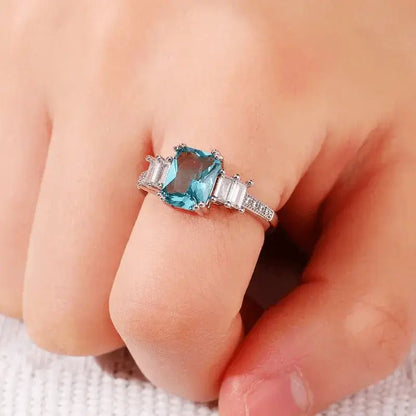 Alvora Caelesta Blue Zircon Ring | Emerald-Cut Silver Jewelry