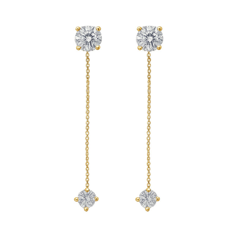 Alvora Delora gold drop earrings with twin solitaire stones on fine chains, minimal design