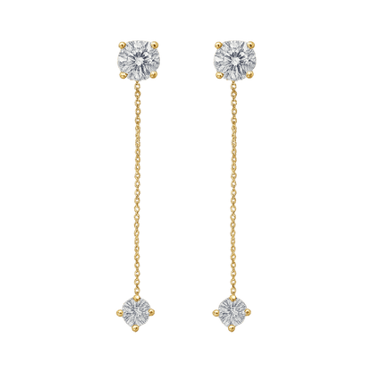 Alvora Delora gold drop earrings with twin solitaire stones on fine chains, minimal design