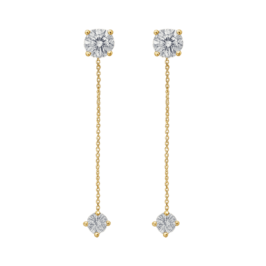 Alvora Delora gold drop earrings with twin solitaire stones on fine chains, minimal design