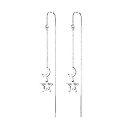 Alvora Elyune Earrings – Minimal Silver Moon & Star Threader Drop Jewelry