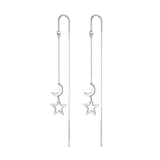 Alvora Elyune Earrings – Minimal Silver Moon & Star Threader Drop Jewelry