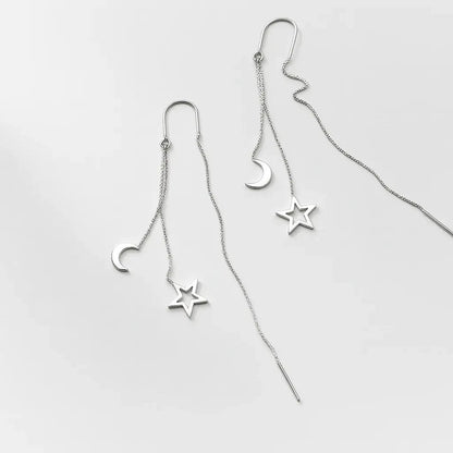 Alvora Elyune Earrings – Minimal Silver Moon & Star Threader Drop Jewelry