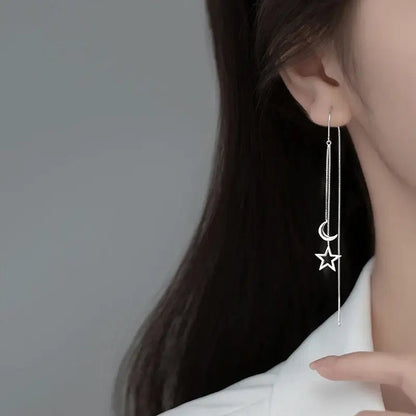Alvora Elyune Earrings – Minimal Silver Moon & Star Threader Drop Jewelry
