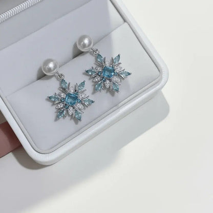 Alvora Frostelle Earrings – Blue Snowflake Sparkle & Freshwater Pearl
