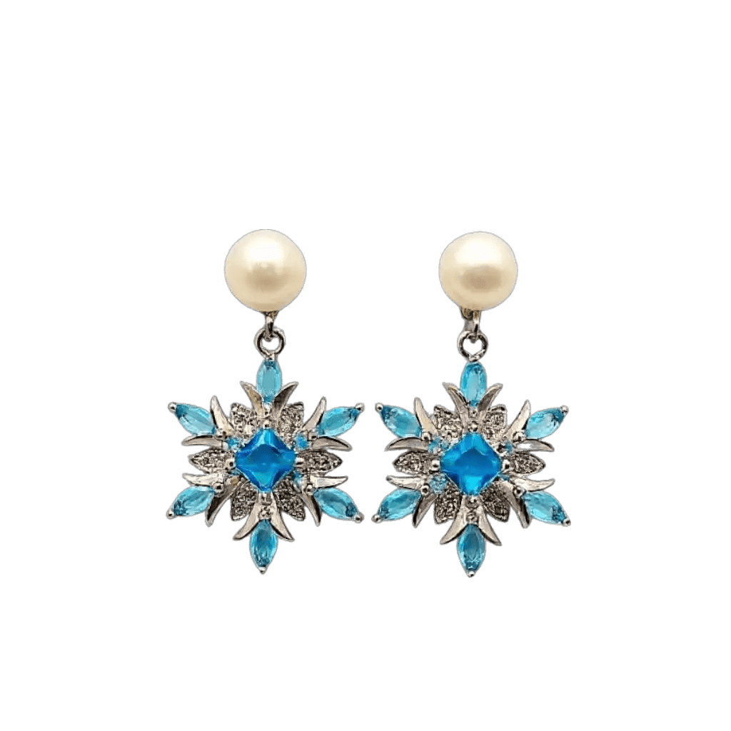 Alvora Frostelle Earrings – Blue Snowflake Sparkle & Freshwater Pearl