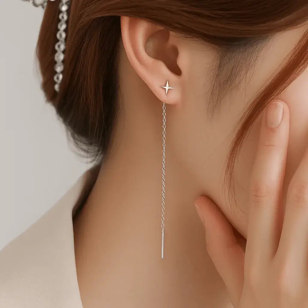 Alvora Lyrix Silver Star Threader Drop Earrings | Minimal Celestial Shine