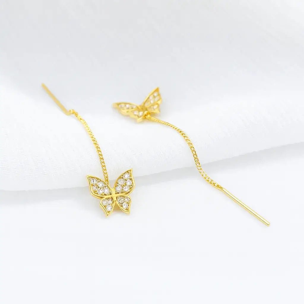 Alvora Maripelle 18K gold-plated butterfly threader earrings with pave stones and adjustable chain drop