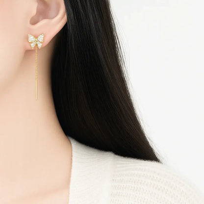 Alvora Maripelle 18K gold-plated butterfly threader earrings with pave stones and adjustable chain drop