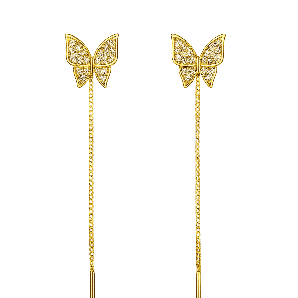 Alvora Maripelle 18K gold-plated butterfly threader earrings with pave stones and adjustable chain drop