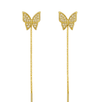 Alvora Maripelle 18K gold-plated butterfly threader earrings with pave stones and adjustable chain drop