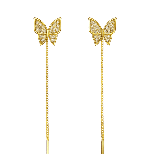 Alvora Maripelle 18K gold-plated butterfly threader earrings with pave stones and adjustable chain drop