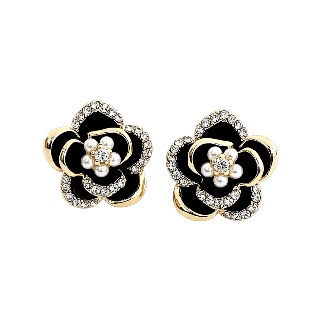 Alvora Noifleur Black Floral Earrings – Elegant Pearl Design