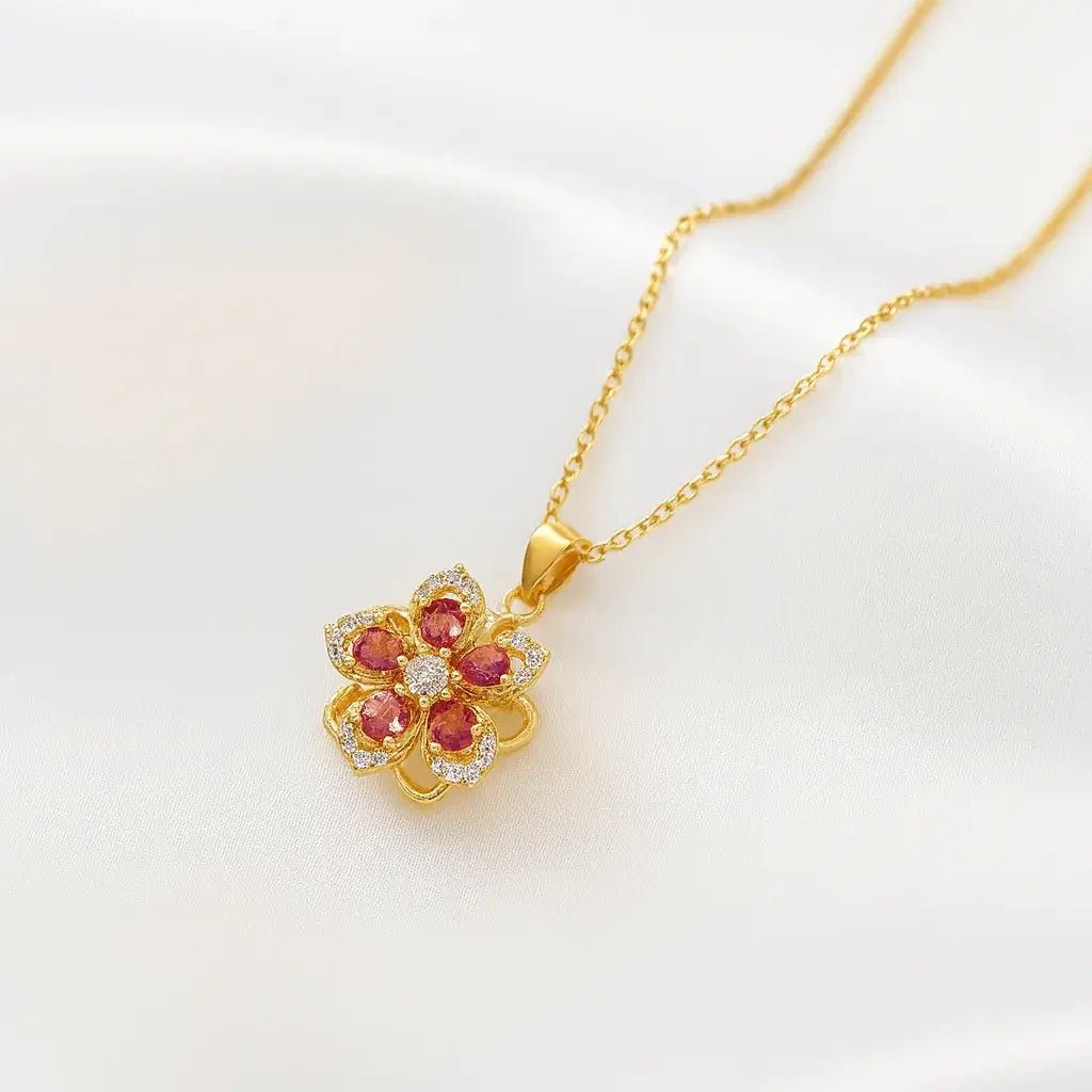 Alvora Roselora Ruby Flower Necklace – Gold Elegance Jewelry