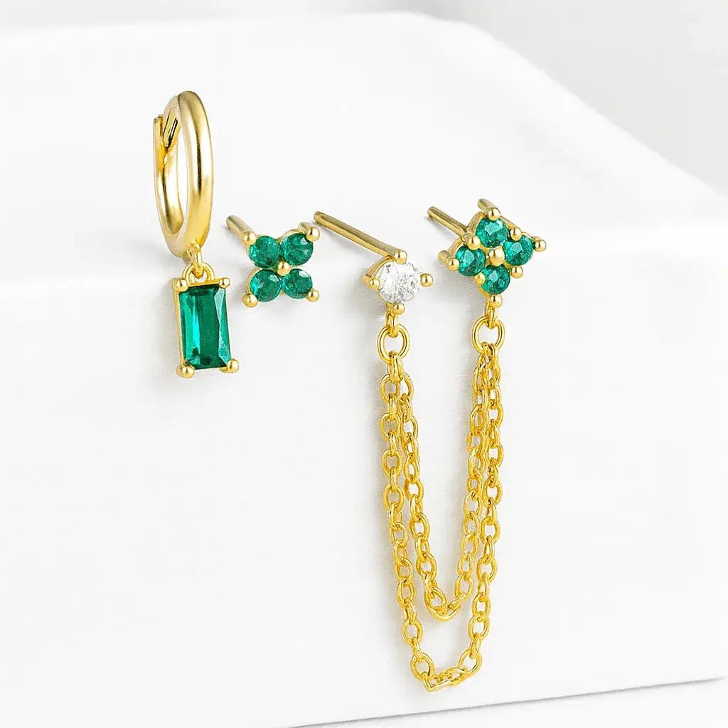 Alvora Zemira Emerald Chain Set – Gold Mix-Match Earrings